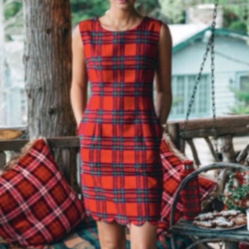 Kiel James Patrick KJP red Plaid Scalloped Hem Shift Christmas Wrapper Dress 6 - Picture 2 of 4
